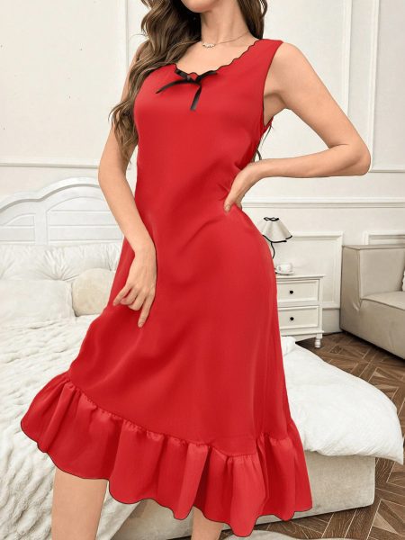 Women's Knitted Texture Bow Decoration Pleating Hem Wide Shoulder Strap Casual Nightdress