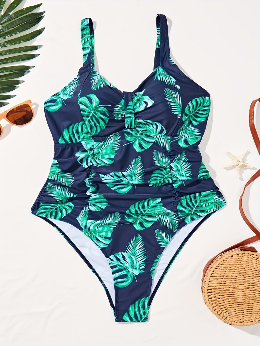 Women's Oversized One-piece Tropical Print Chest Pleated One-piece Swimsuit Holiday Style
