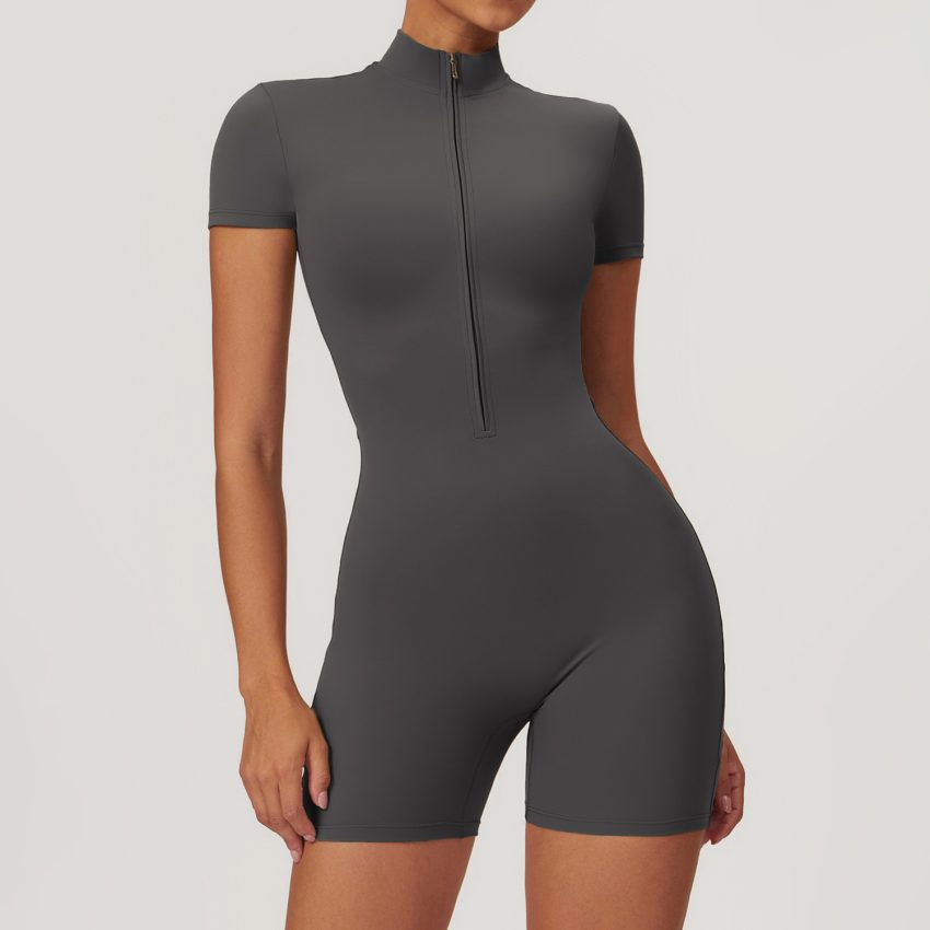 Summer Zipper Short Sleeved Yoga Jumpsuit For Women