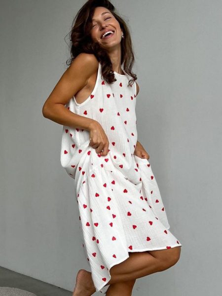 Heart Printing Cotton Sling Loose Long Dress