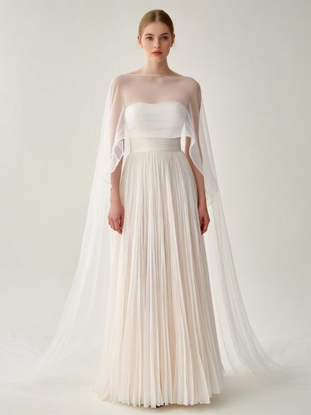 Elegant White Pleated Gown With Sheer Cape Overlay