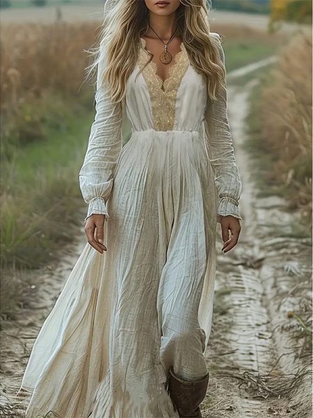 Women's Elegant Floral Lace Maxi Dress Bohemian V-Neck Long Sleeve Flowy Wedding Guest Dress