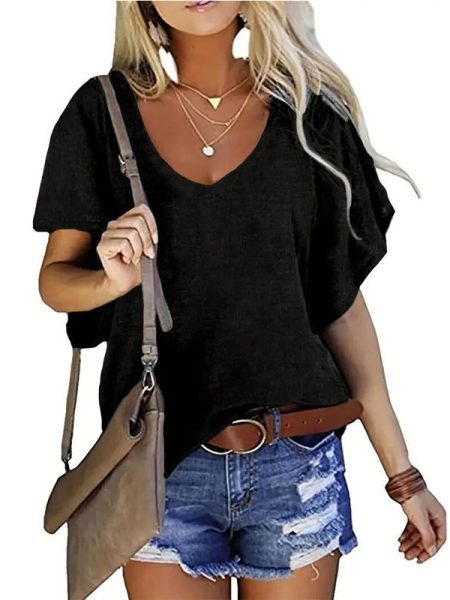 Women's Solid Color V-Neck Short Sleeve T-Shirt - Basic Summer Casual Top