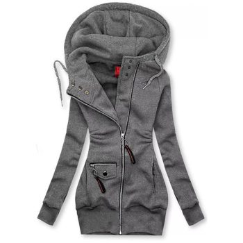 Women's Solid Color Long Sleeve Zip-Front Drawstring Hooded Jacket With Pockets Slim Fit Pleated Detail Top For Spring&Fall
