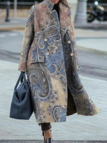 Long Wool Coat With Printed Patterns