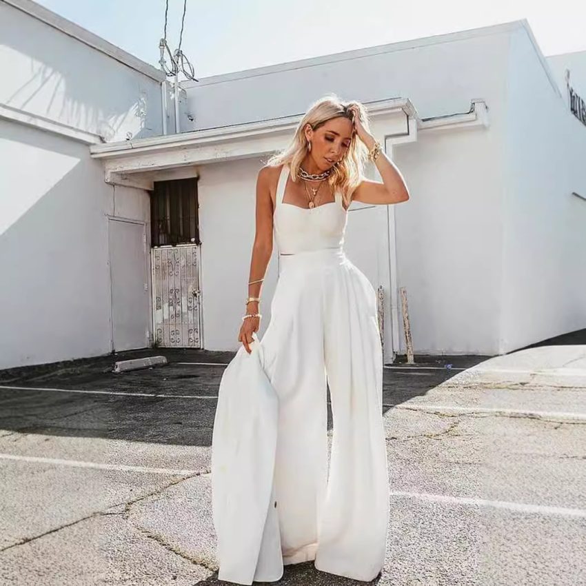 Sexy Spaghetti Straps Chest Wrap Vest Casual Loose Trousers Two-piece Set