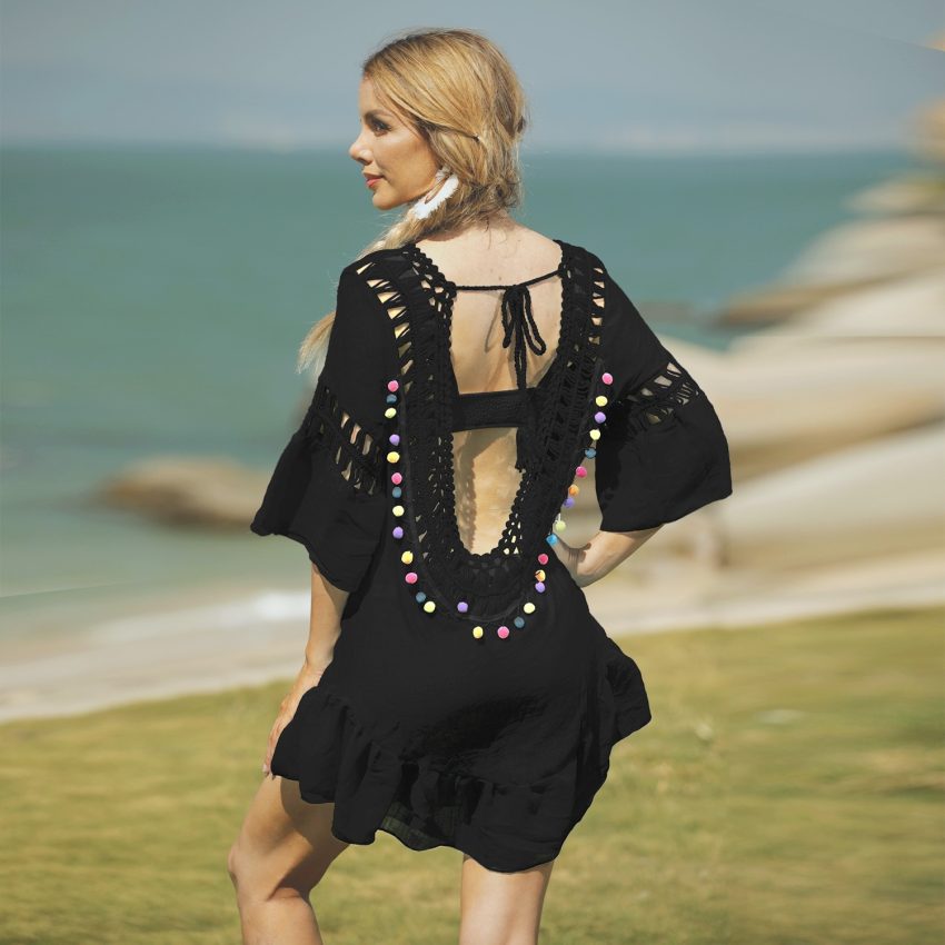 Women's Sexy Backless Hook Hollow Hair Ball Tassel Bikini Cover-up