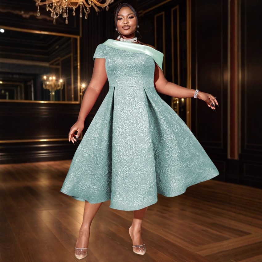 Jacquard Party Banquet Diagonal Collar Large Skirt A- Line Dress