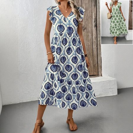 Summer New Holiday Loose Deep V-neck Printed Long Dress