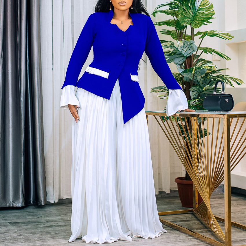 Fashion Flared Sleeves Top Pleated Wide-leg Pants Suit Two-piece Set
