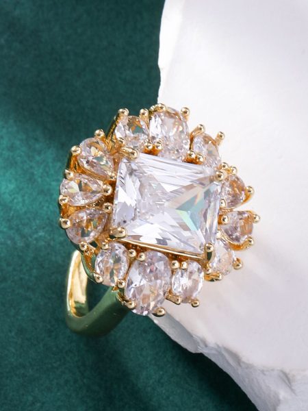 Copper Inlaid Zircon Square Ring Exquisite Temperament Entry Lux High Sense