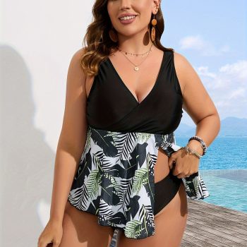 Women's Large-size Tankini Set With Tropical Print - Swimsuit Set For Vacation Style.