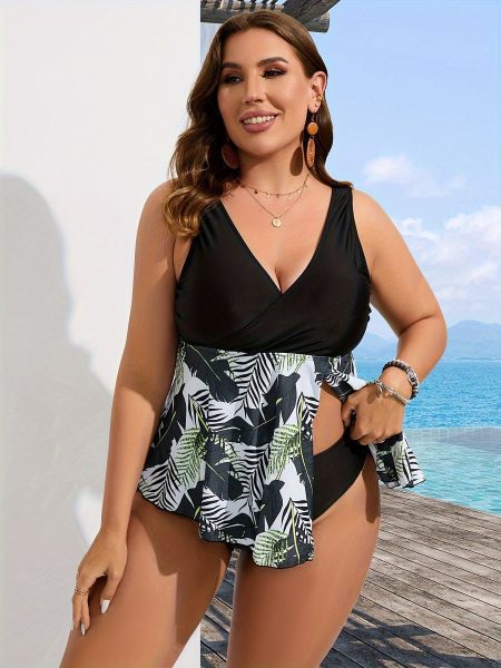 Women's Large-size Tankini Set With Tropical Print - Swimsuit Set For Vacation Style.