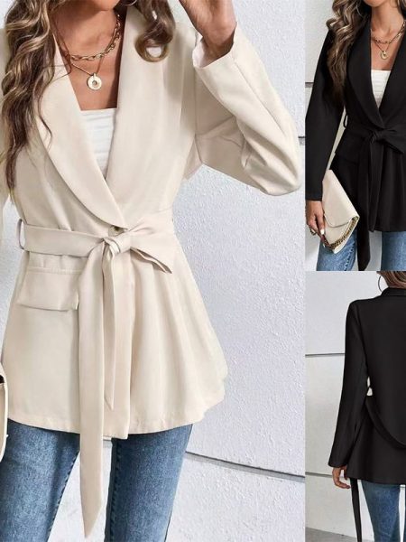 Slim Fit Fashion Lace-up Solid Color Long Sleeve Suit Coat