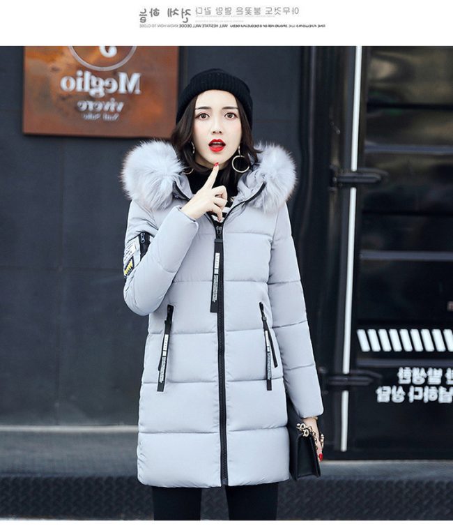 Women's Mid-Length Padded Jacket with Fur Collar