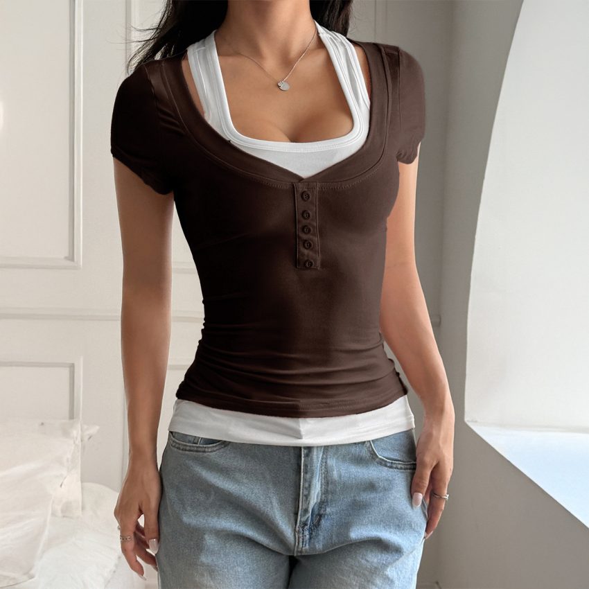 Button Slim Fit Short Sleeve Vest Women's T-shirt