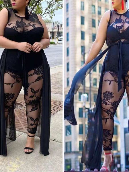 Plus Size Women's Sexy Flocking Jumpsuit Temperament Commuter