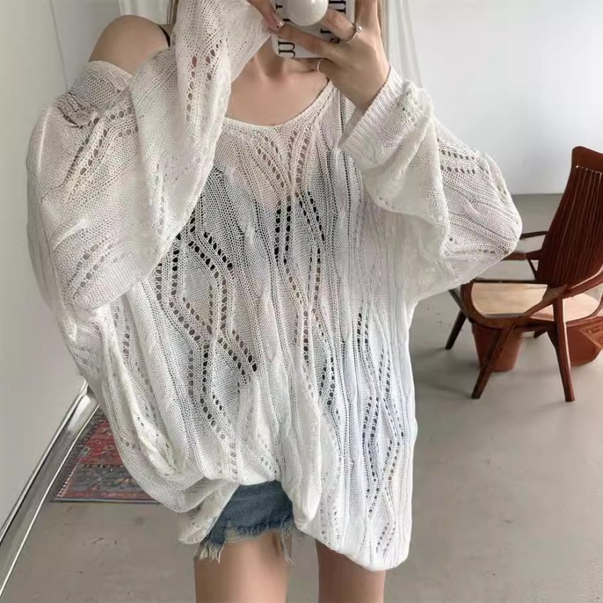New Hot Girl Hollow Out V-neck Sun Protection Sweater Women