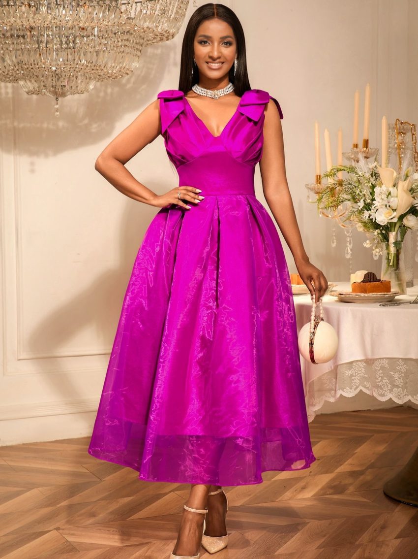 European And American Sexy V-neck Bow Sleeveless Dress