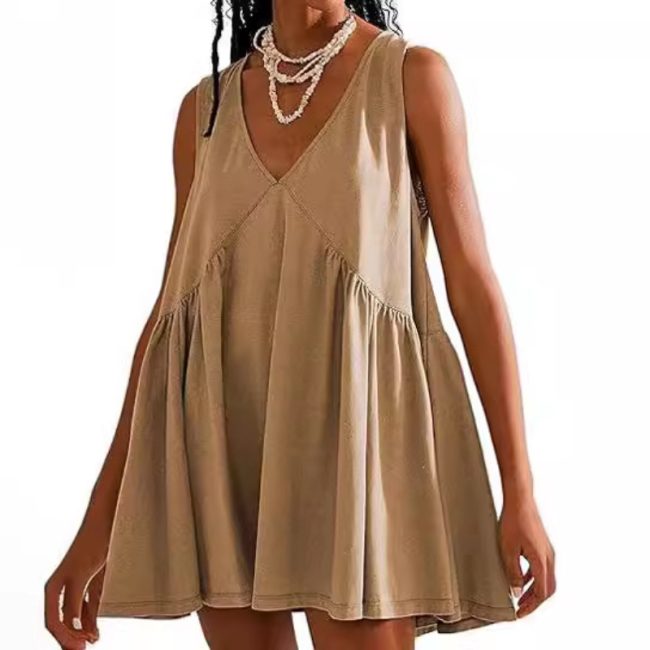 V-neck Sleeveless Pleated Vest Pocket Dress