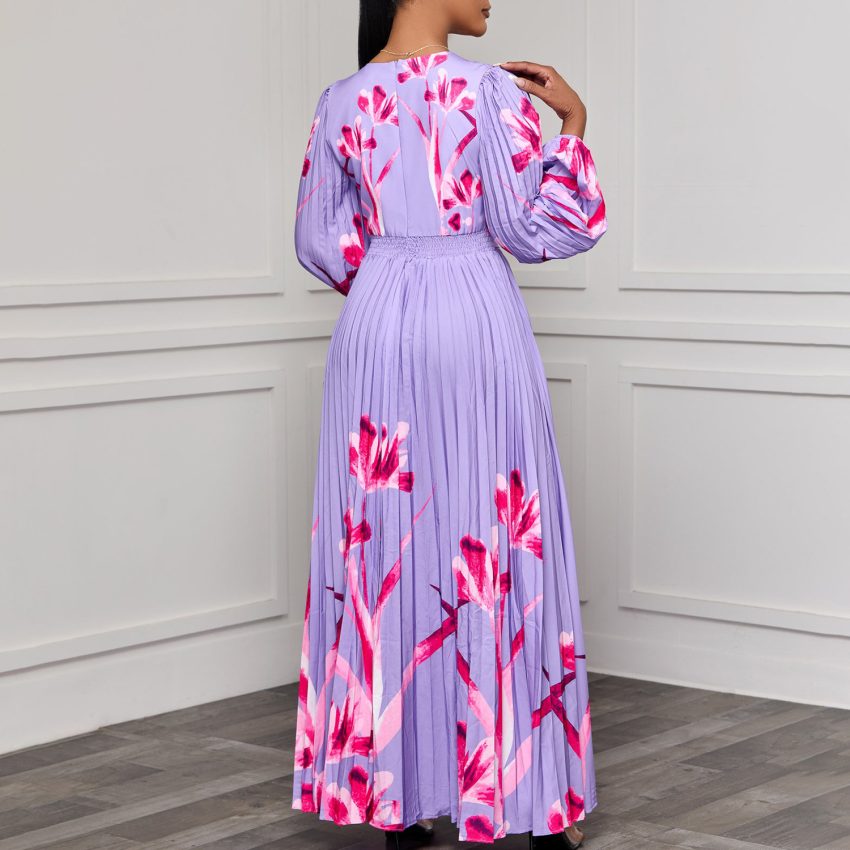 V-neck Slimming Long Sleeves Printed Pleated Dress
