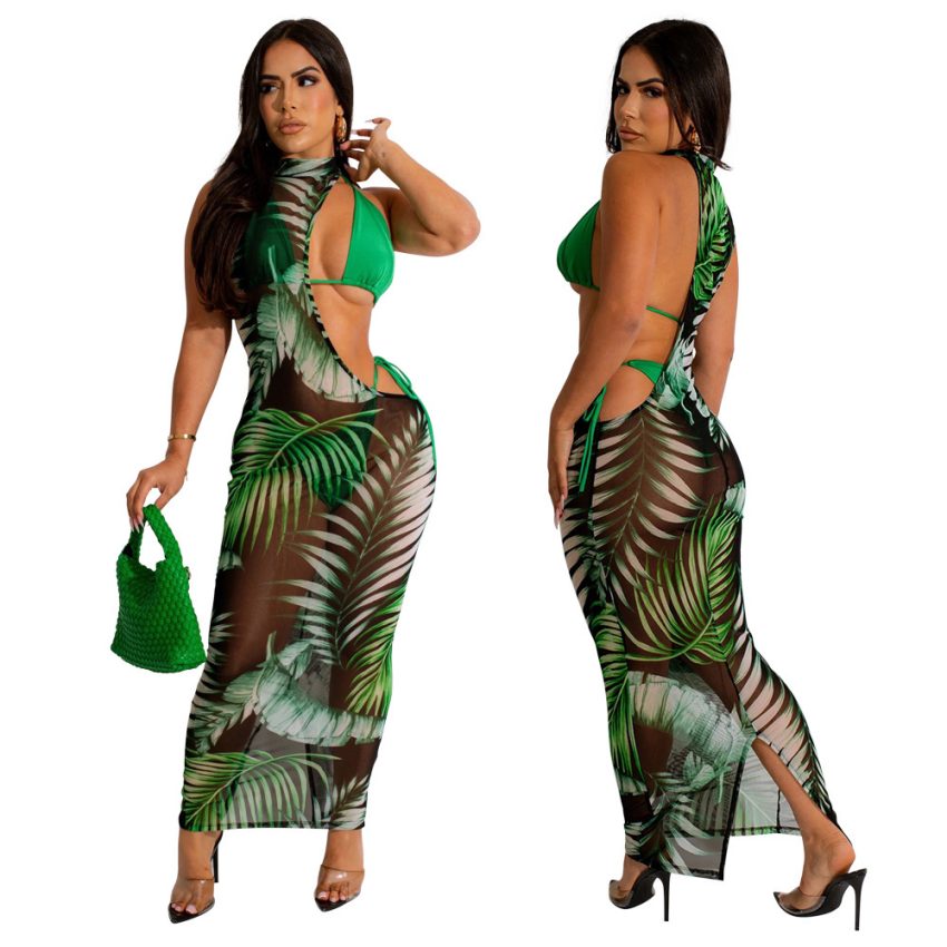 Women's Summer Digital Printed Mesh Dress Bikini Three Piece Set - Flowing Beach Cover With Irregular Hem And Transparent Layering