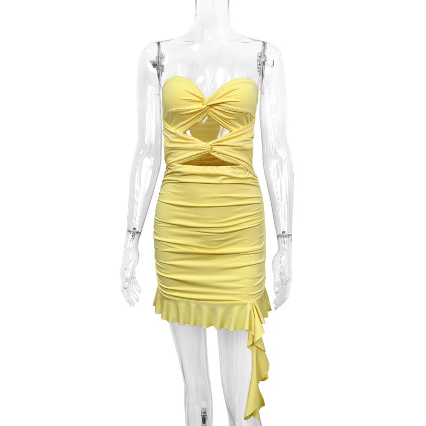 Sexy Tube Top Pleated Cut-out Ruffled Sheath Dress