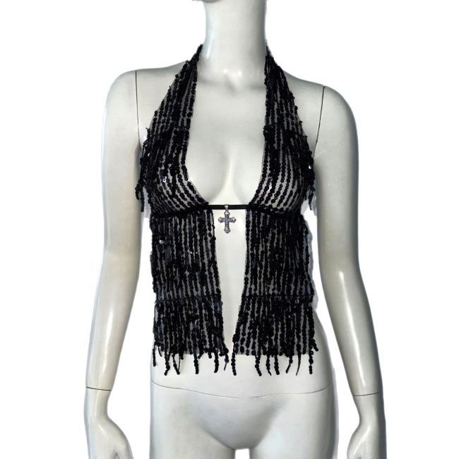 Halterneck With Suspenders Top Sequined Lace-up Tight Vest