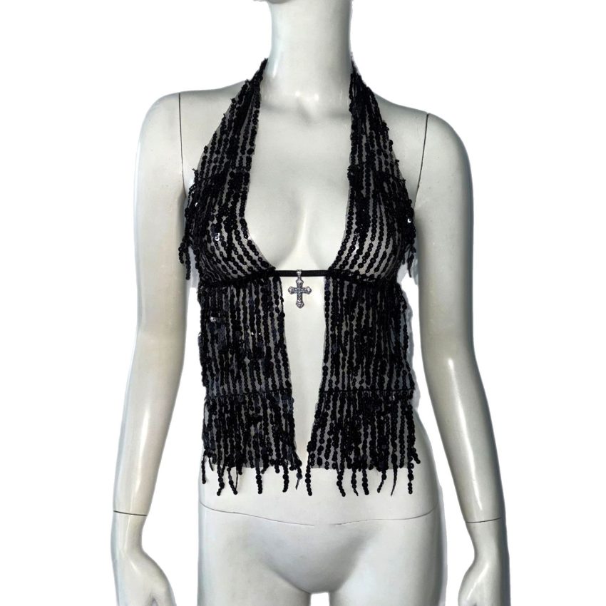 Halterneck With Suspenders Top Sequined Lace-up Tight Vest