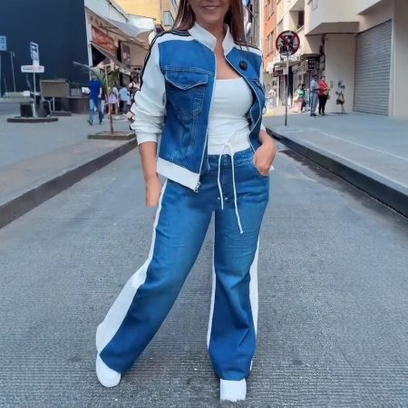 Women's Fashion Denim Stitching Long-sleeve Zipper Two-piece Set
