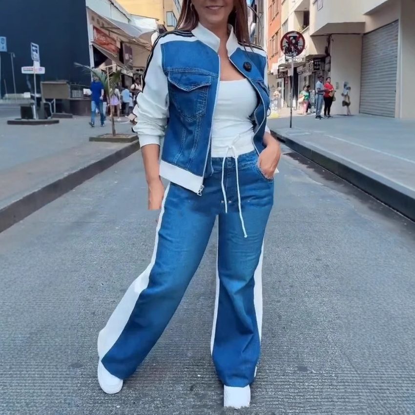 Women's Fashion Denim Stitching Long-sleeve Zipper Two-piece Set