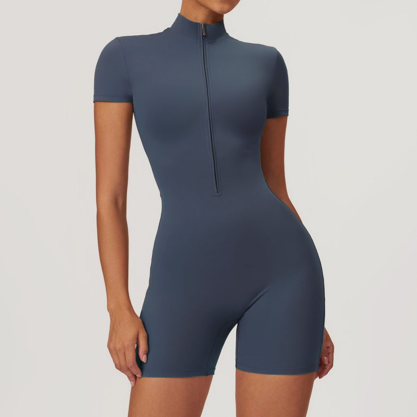 Summer Zipper Short Sleeved Yoga Jumpsuit For Women