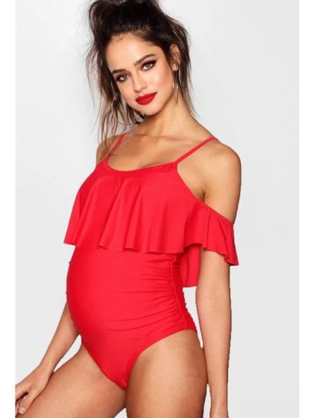 One-piece Swimsuit One-shoulder Ruffled Solid Color Maternity Swimsuit