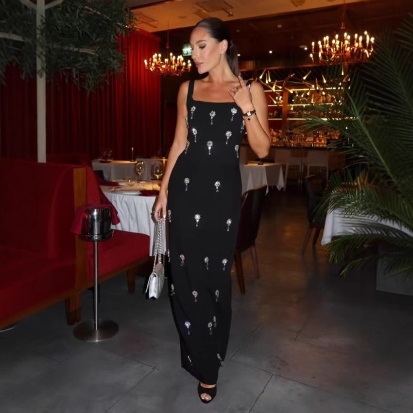 Sleeveless Square Collar Diamond Bandage One-piece Dress