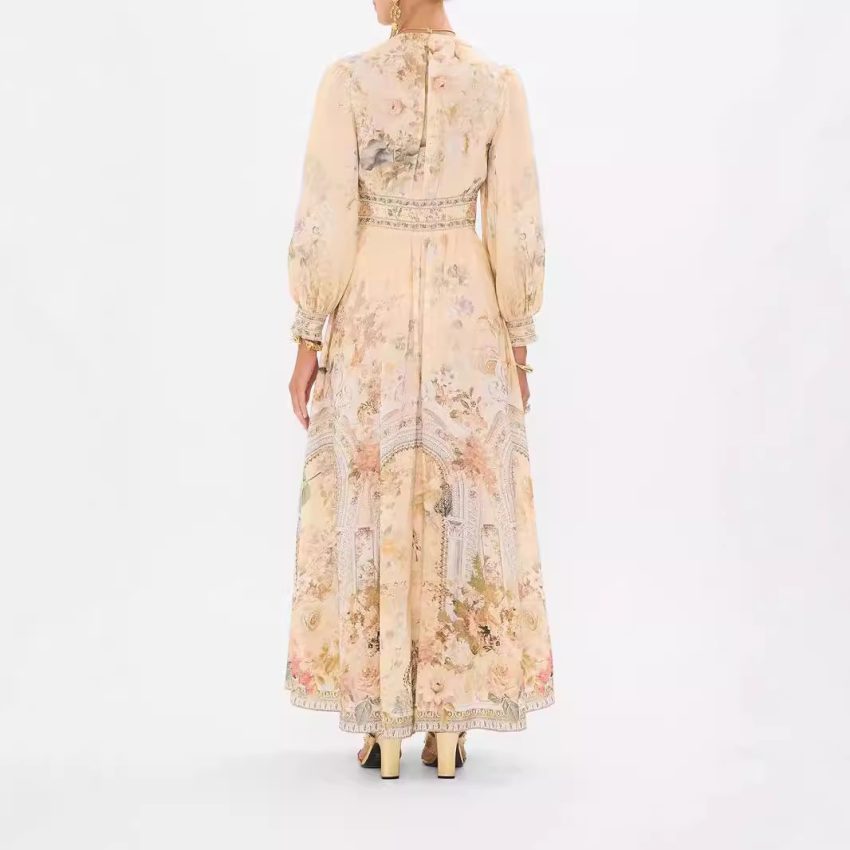 Printed V-neck Long-sleeved Bubble Sleeve Waist Women's Clothing Dress