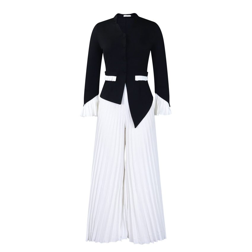 Fashion Flared Sleeves Top Pleated Wide-leg Pants Suit Two-piece Set