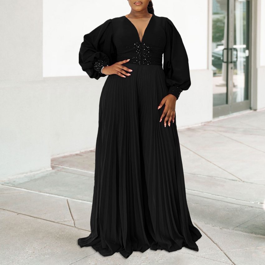 Women's Wide-leg Pleated African Jumpsuit Slightly Elastic