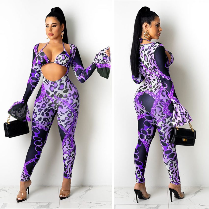 Women's Clothing Tight Mesh See-through Digital Printed Two-piece Suit Female
