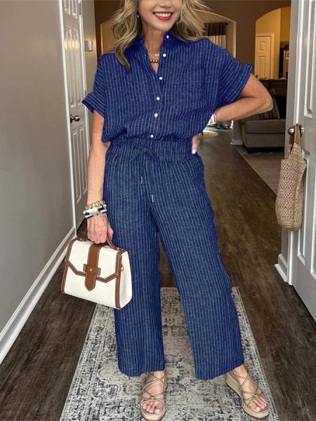 Women's Striped Suit Lapel Short Sleeve Straight Idle Style Trousers
