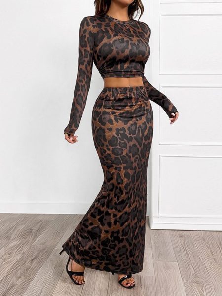 Round Neck Sexy Sheath Long Sleeve Leopard-print Slim-fit Split Suit