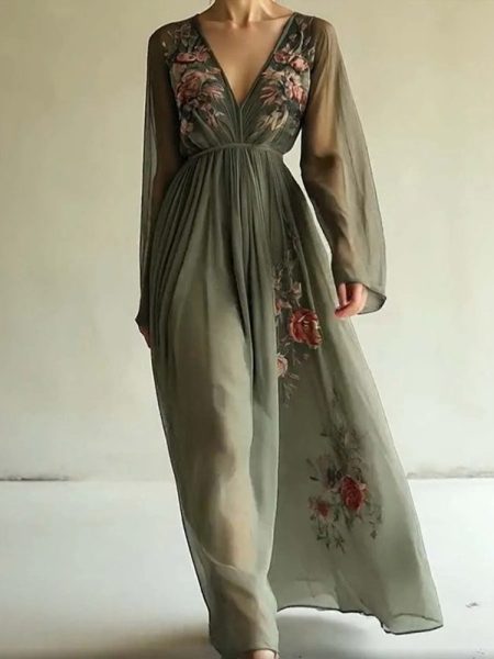 Women's Elegant V-Neck Green Floral Print A-Line Maxi Semi-Sheer Long Sleeve Spring&Summer Dress