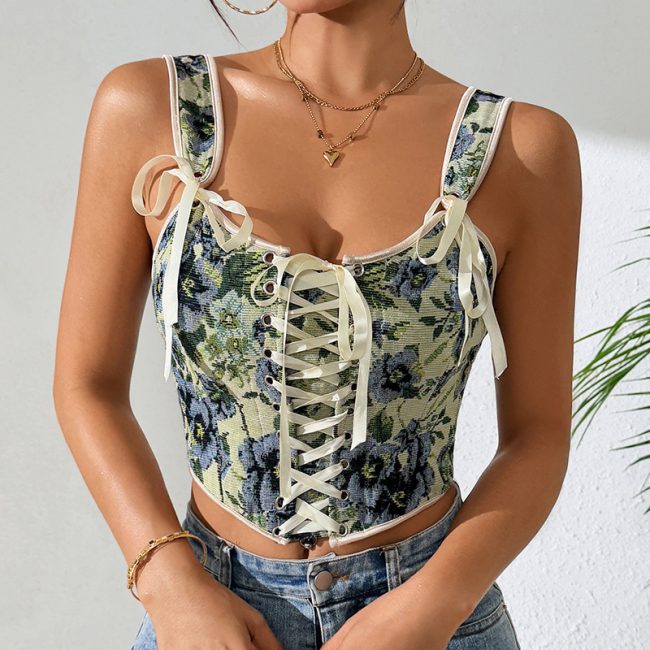 French Retro Printed Lace Up Corset Sexy Vest