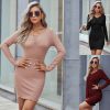 V-neck Gathers Sheath Knitted Long-sleeved Dress A- Line Skirt
