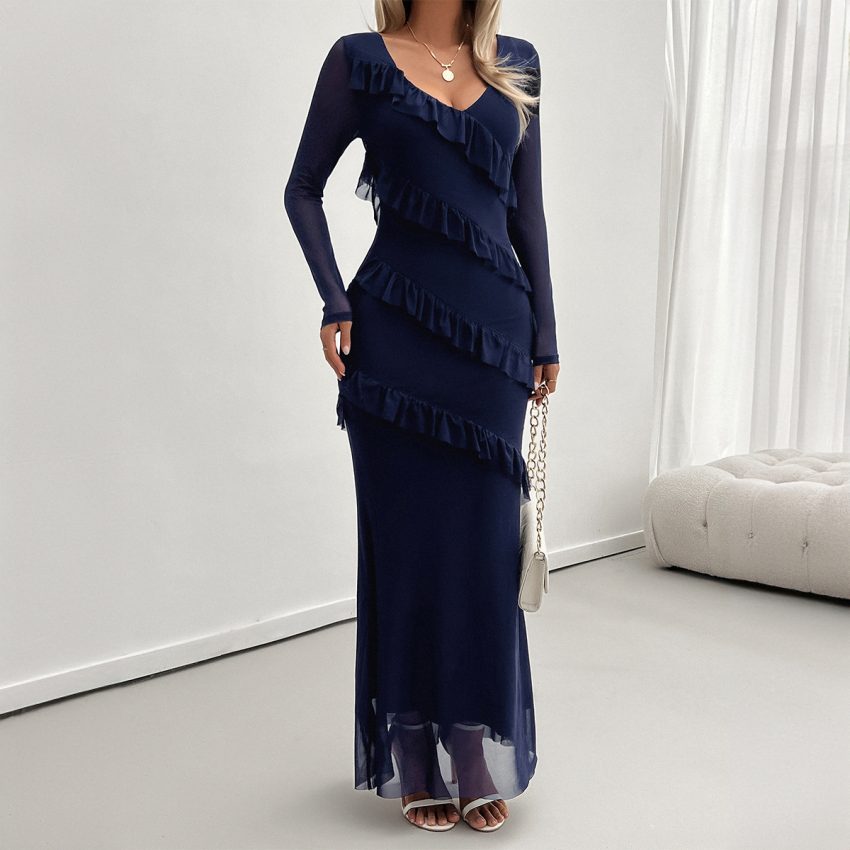 Women's Elegant Slim Fit Mesh V-neck Dress