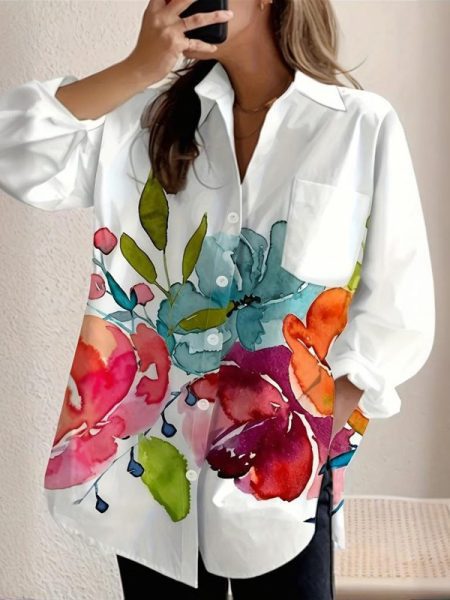 Women's Notch Lapel Long Sleeve Blouse With Colorful Floral Print - Chest Pocket Button-Up Shirt For Spring&Fall