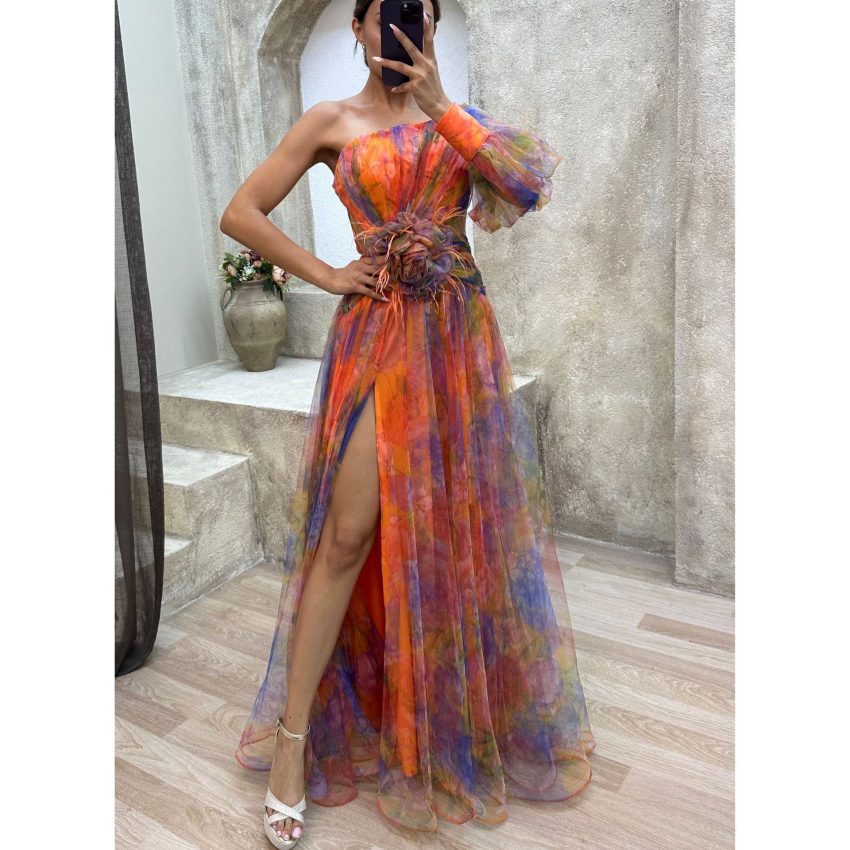New Party Mesh Slanted Shoulder Dress INS Casual And Fashionable Women's Long Skirt