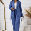 Ladies' Solid Color Lapel Belt Decoration Open Top Jacket And Drawstring Elastic Loose Leg Pants Set