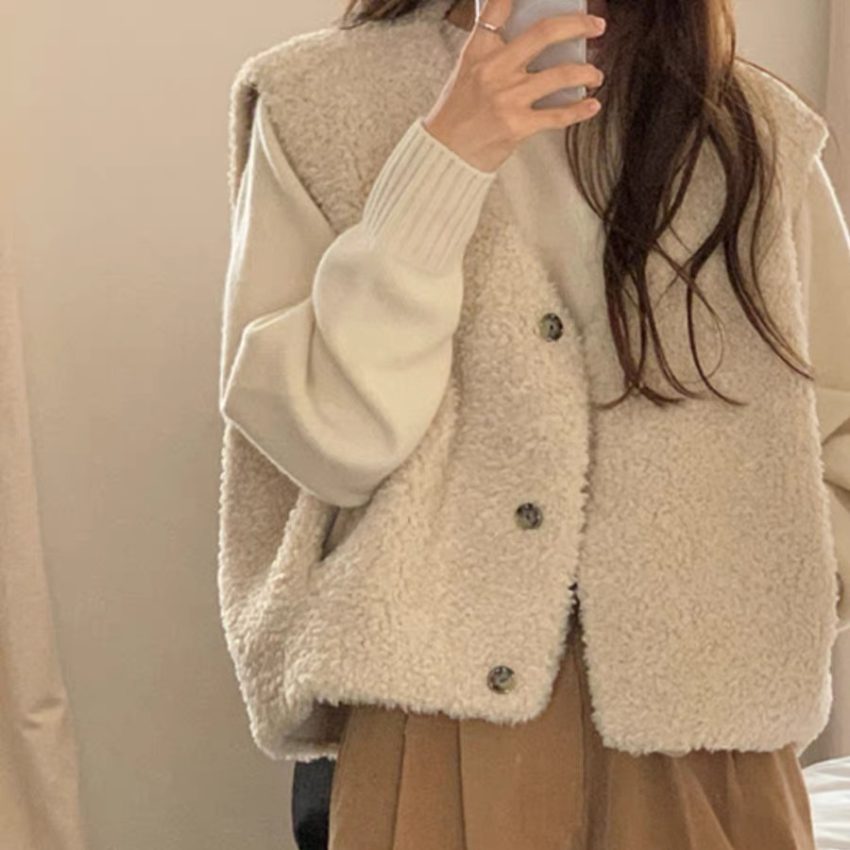 Retro Anti-aging Sleeveless Waistcoat Vest Lamb Wool Waistcoat Vest