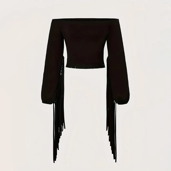 Women's Western Cowgirl  Fringe Trim Tops Sexy Off Shoulder Long Sleeve T Shirts Tassel Top