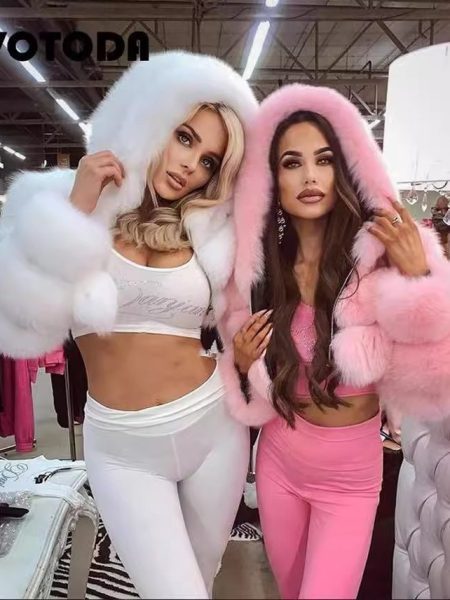 Short Hooded Faux Fur Long Sleeve Coat